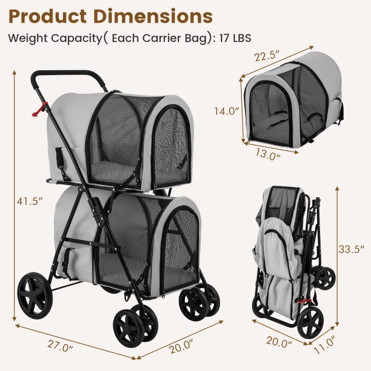 4-in-1 Double Pet Stroller with Detachable Carrier and Travel Carriage