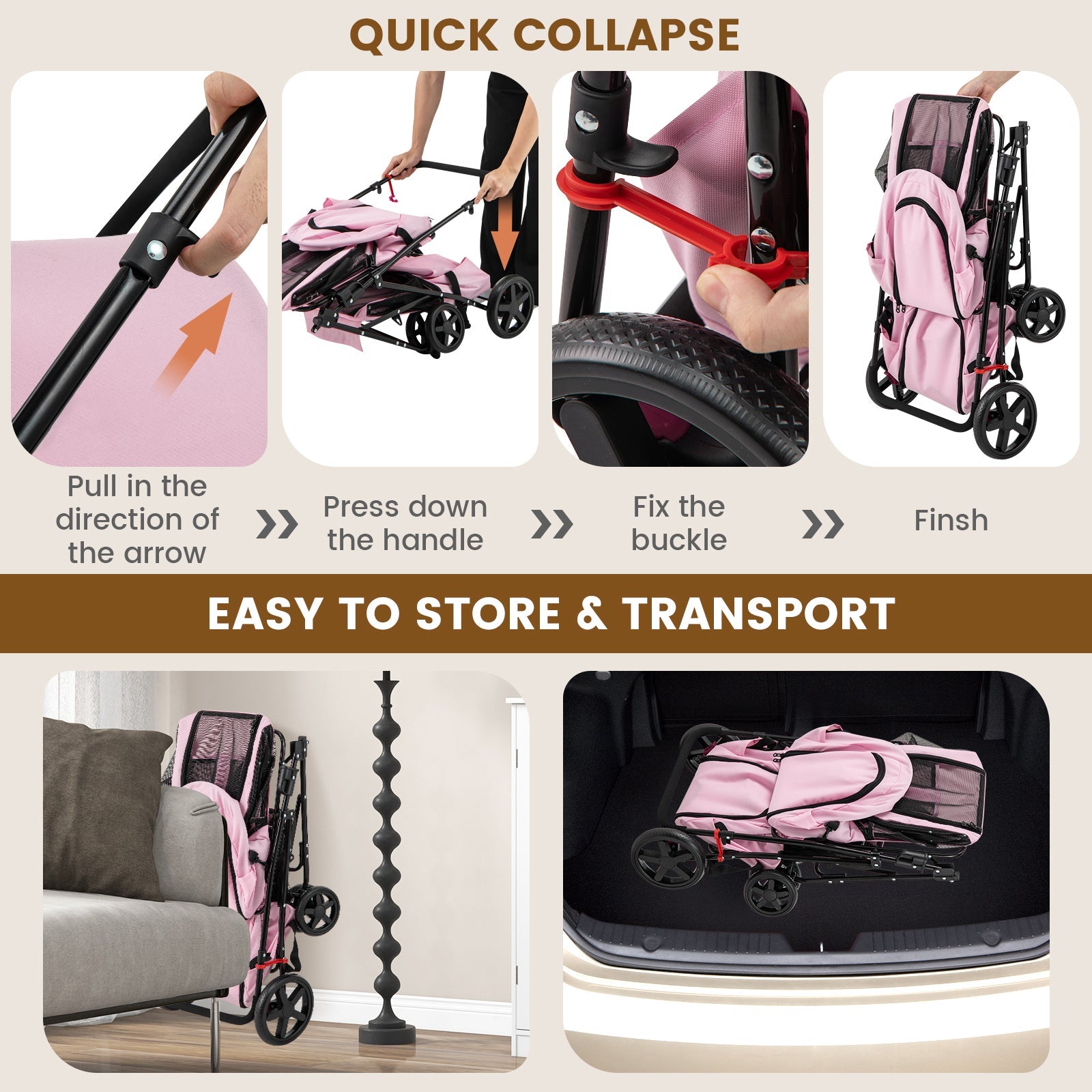 4-in-1 Double Pet Stroller with Detachable Carrier and Travel Carriage