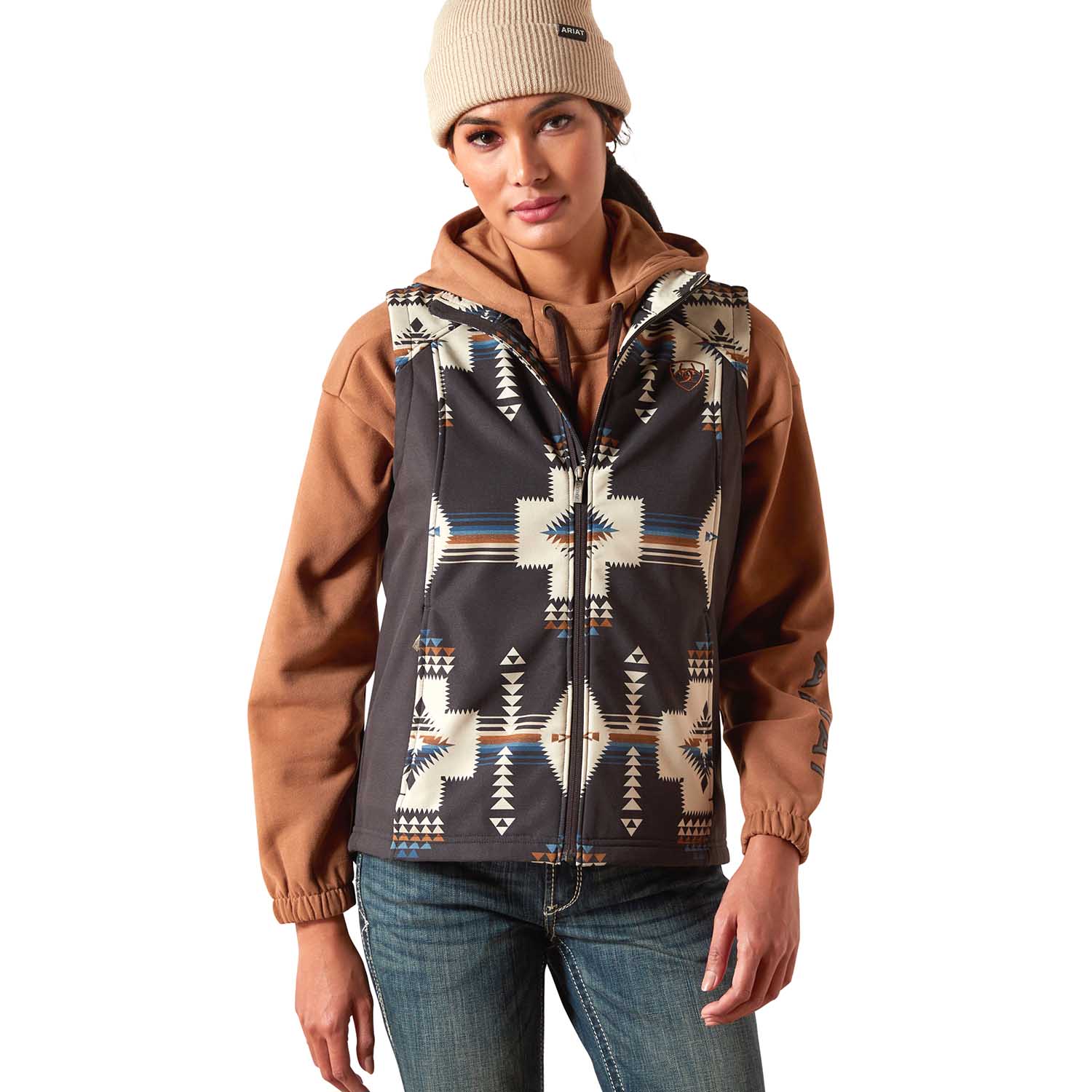 Ariat Womens Logo Softshell Western Print Vest – Durable Outdoor Layer with Zip Pockets