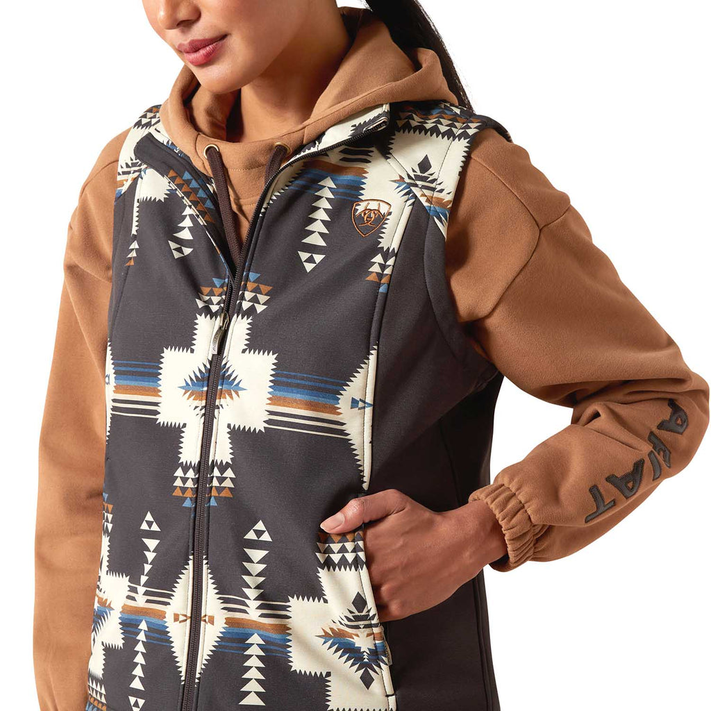 Ariat Womens Logo Softshell Western Print Vest – Durable Outdoor Layer with Zip Pockets