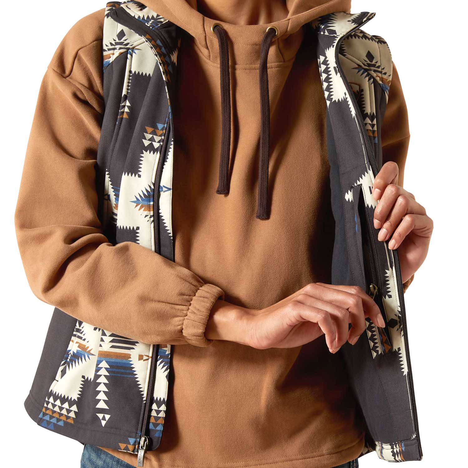 Ariat Womens Logo Softshell Western Print Vest – Durable Outdoor Layer with Zip Pockets