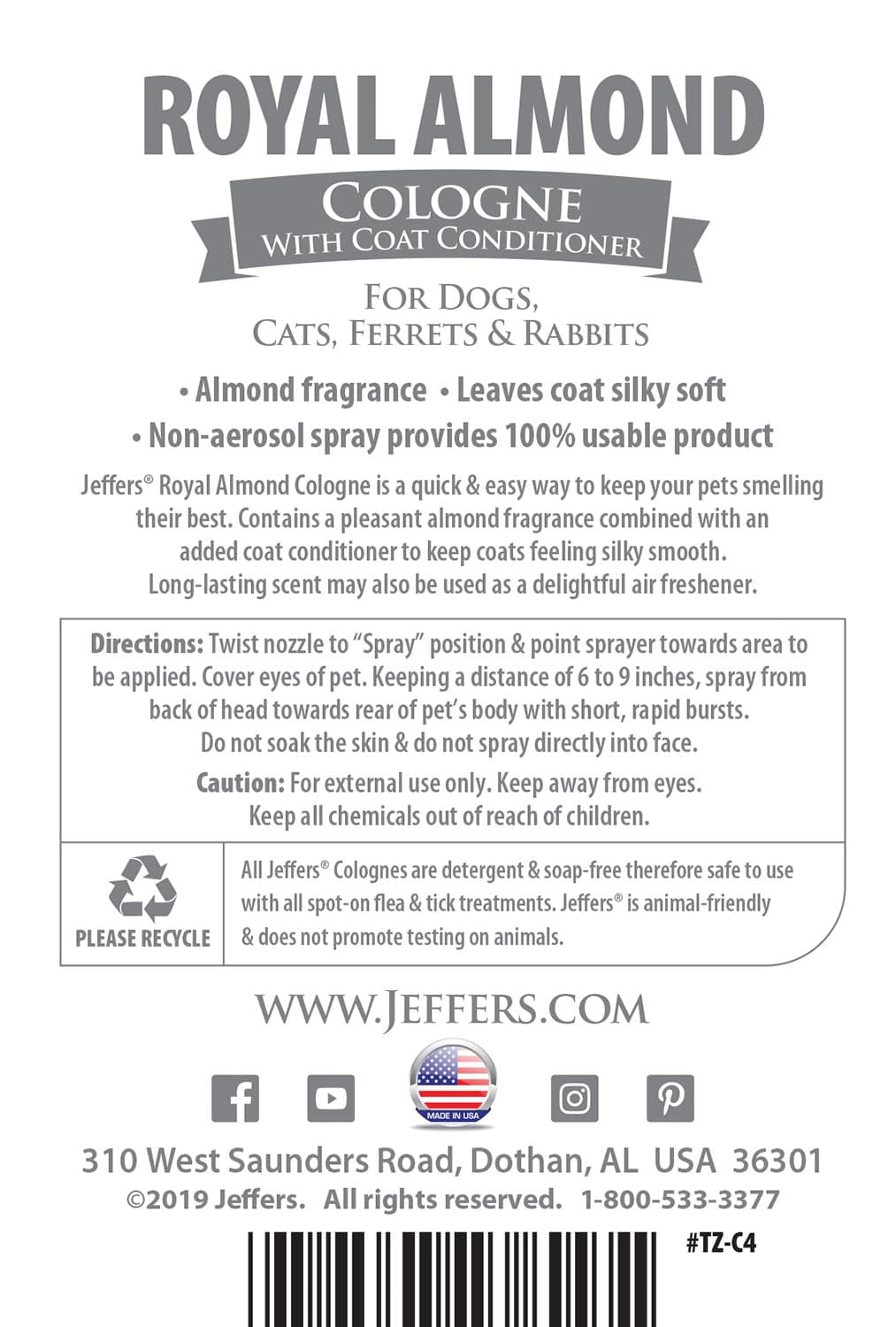 Jeffers Pet Colognes with Coat Conditioner, 16 oz Spray