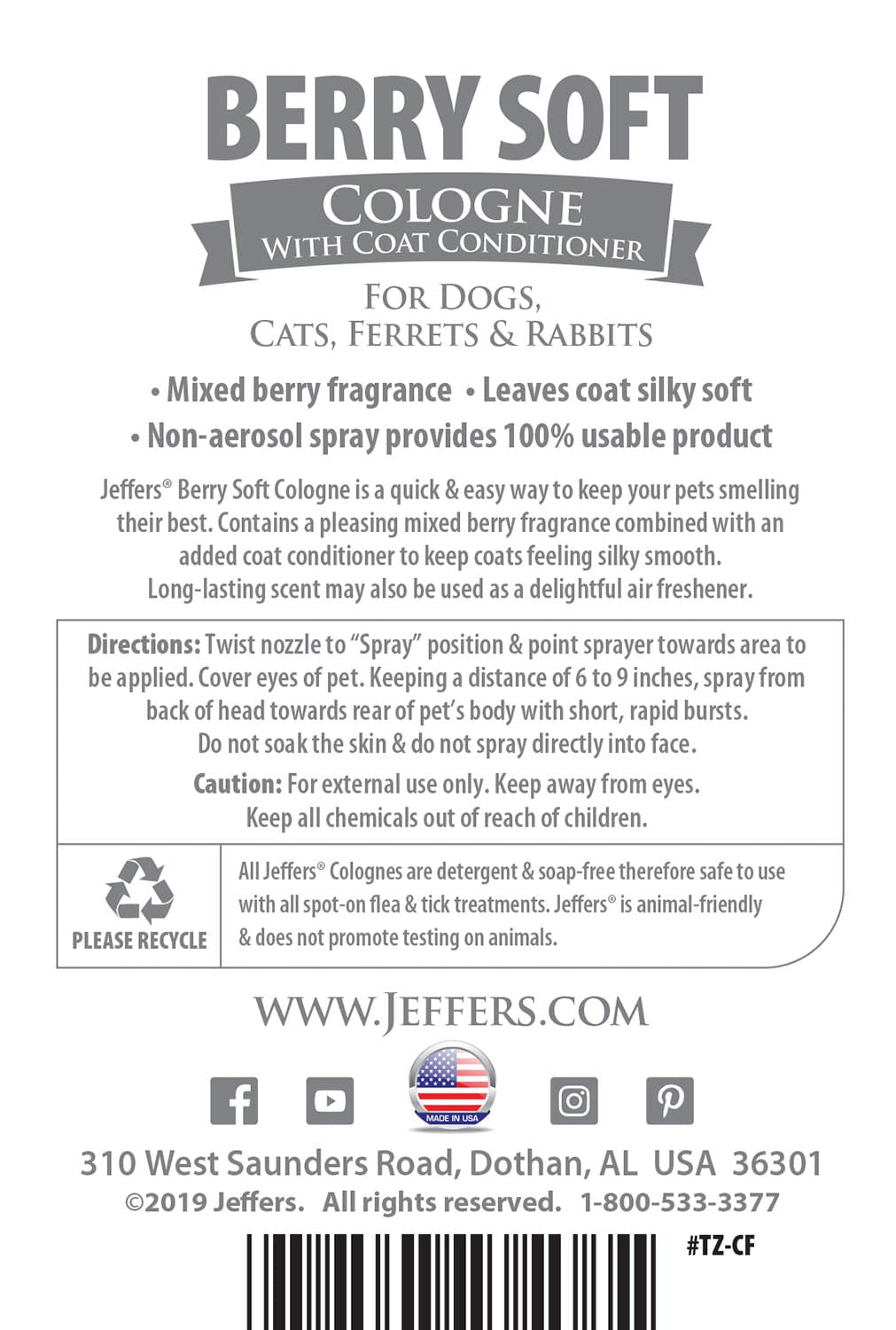 Jeffers Pet Colognes with Coat Conditioner, 16 oz Spray