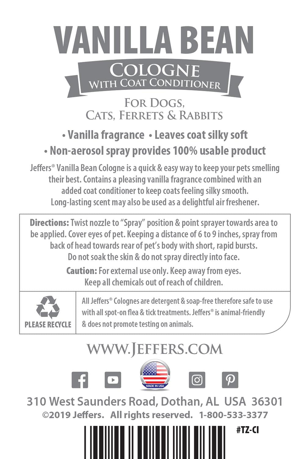 Jeffers Pet Colognes with Coat Conditioner, 16 oz Spray