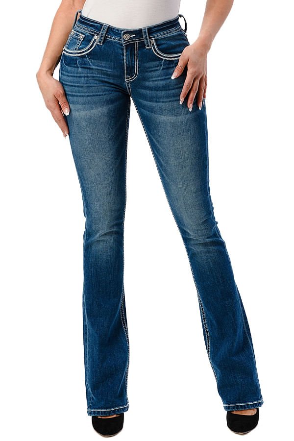 Grace in LA Women's Western Americana Wing Embellished Mid Rise Bootcut Jeans