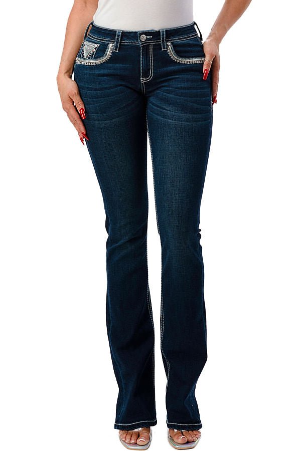 Grace in LA Women's Western Aztec Embellished Mid Rise Bootcut Jeans