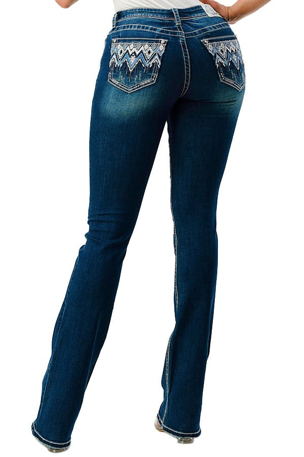 Grace in LA Women's Western Aztec Embroidered Mid Rise Bootcut Jeans