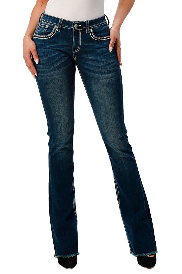 Grace in LA Women's Western Floral Steer Head Embellished Mid Rise Bootcut Jeans