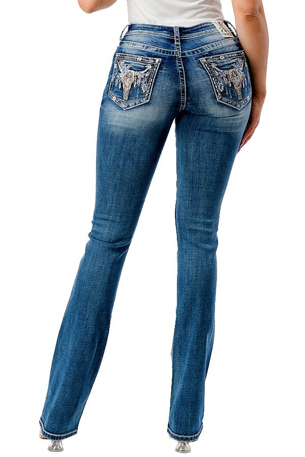 Grace in LA Women's Western Steer Head Embroidered Mid Rise Bootcut Jeans