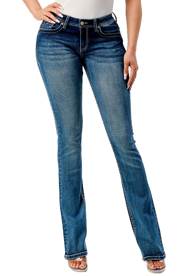 Grace in LA Women's Western Steer Head Print Mid Rise Bootcut Jeans