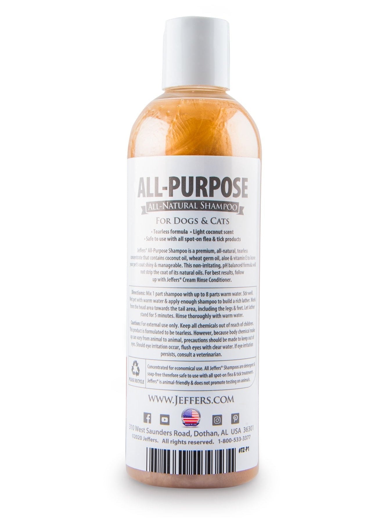 Jeffers Pet Tearless All-Purpose All-Natural Coconut Oil Shampoo for Dogs & Cats