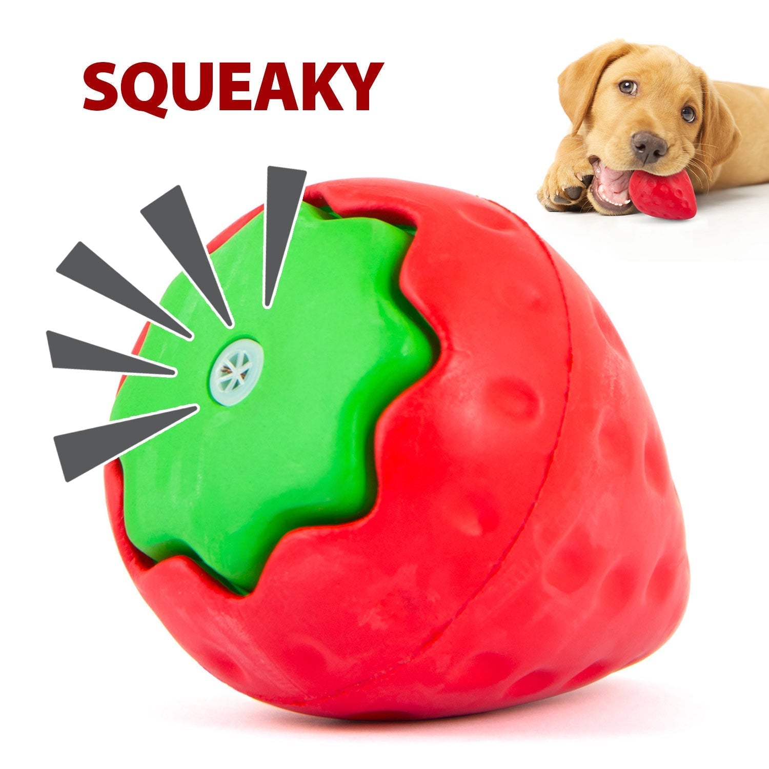 Jeffers Squeaky Strawberry Natural Rubber Dog Dental Chew Toy with Squeaker & Vanilla Scent for Medium Chewers