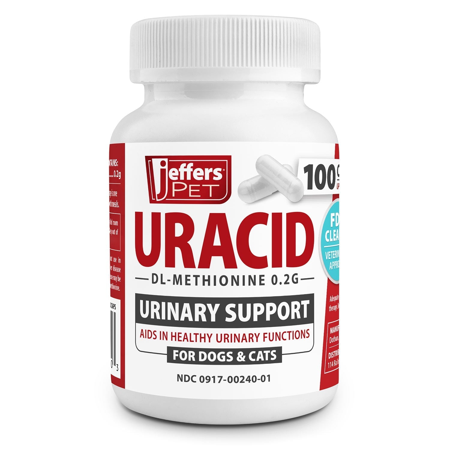 Jeffers Uracid DL-Methionine 0.2g Capsules for Dogs & Cats – Supports Urinary Tract, Reduces Urine Odor, Prevents Stones