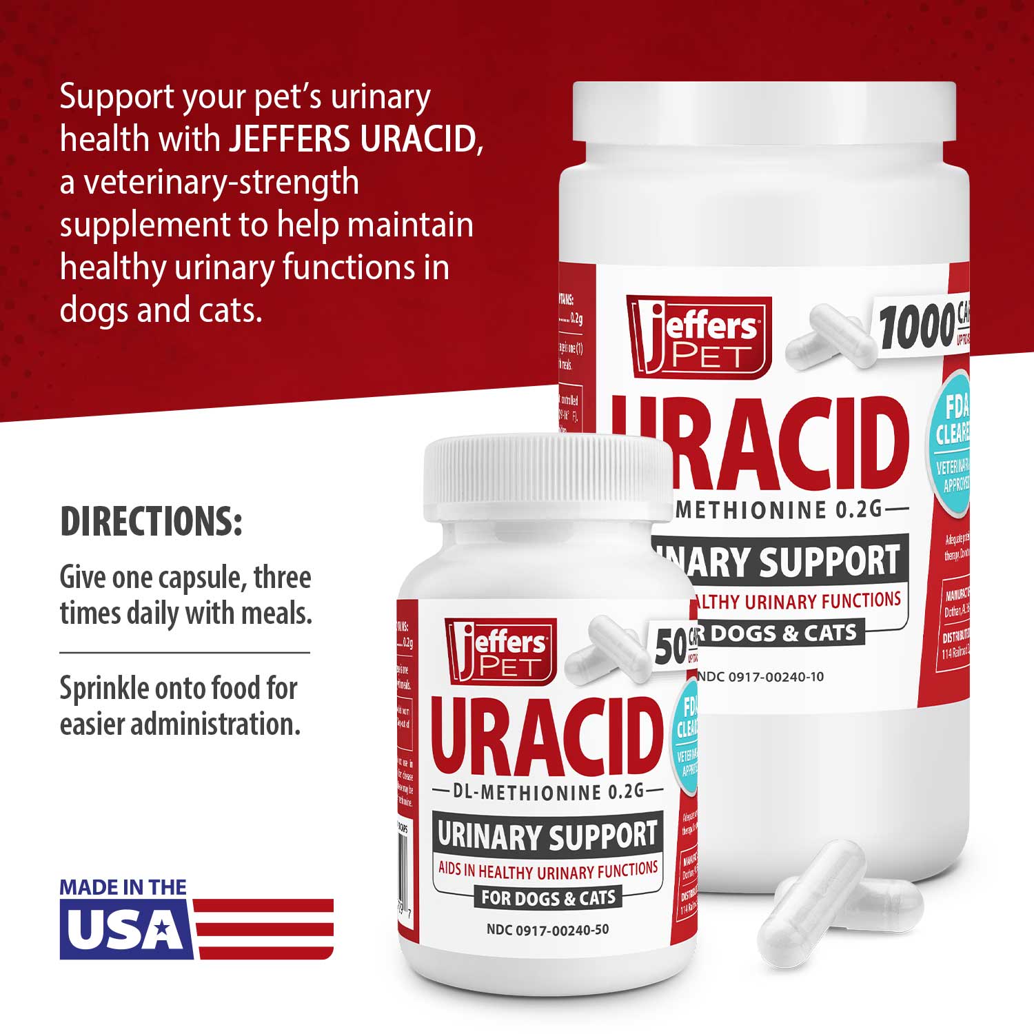 Jeffers Uracid DL-Methionine 0.2g Capsules for Dogs & Cats – Supports Urinary Tract, Reduces Urine Odor, Prevents Stones