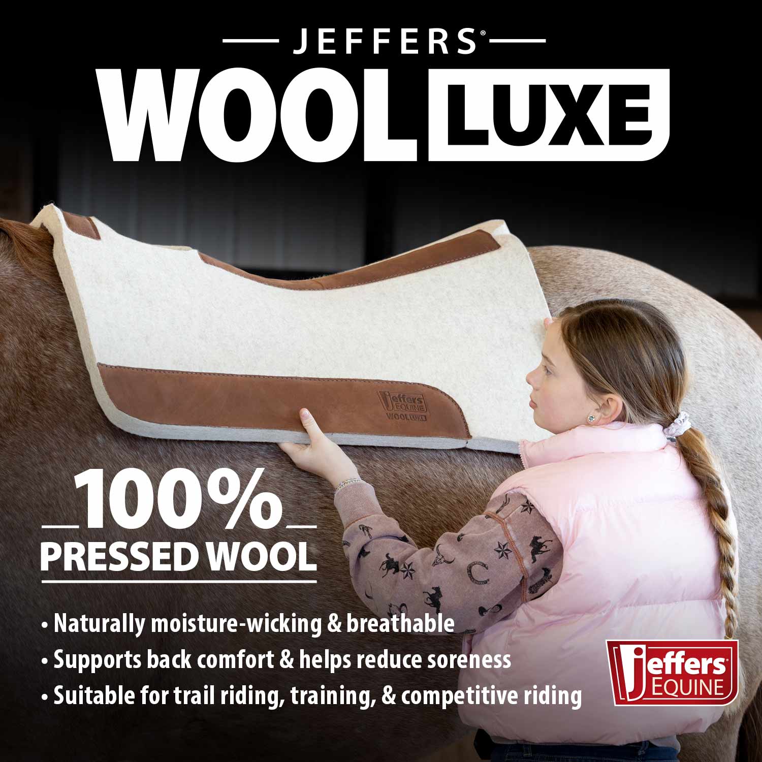 Jeffers WoolLuxe 100% Wool Equine Saddle Pad – Cushioned, Breathable, and Shock-Absorbing