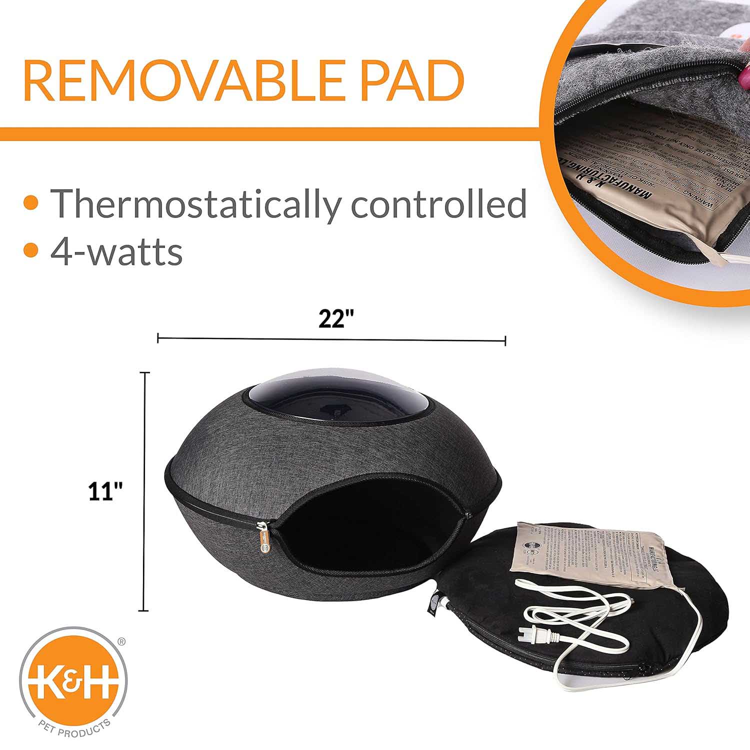 K&H Thermo-Lookout Pod Heated Cat Bed – Indoor Heated Cat Cave with Window, Removable Cushion, Cozy & Energy-Efficient