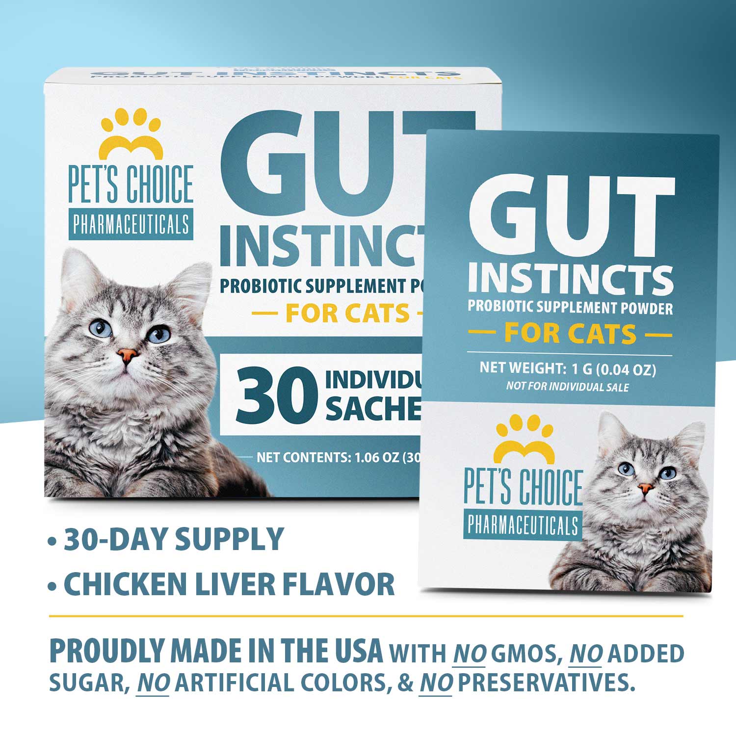 Pet’s Choice Gut Instincts Probiotic Supplement for Cats, Digestive & Immune Support, 30 Powder Packets, Made in USA