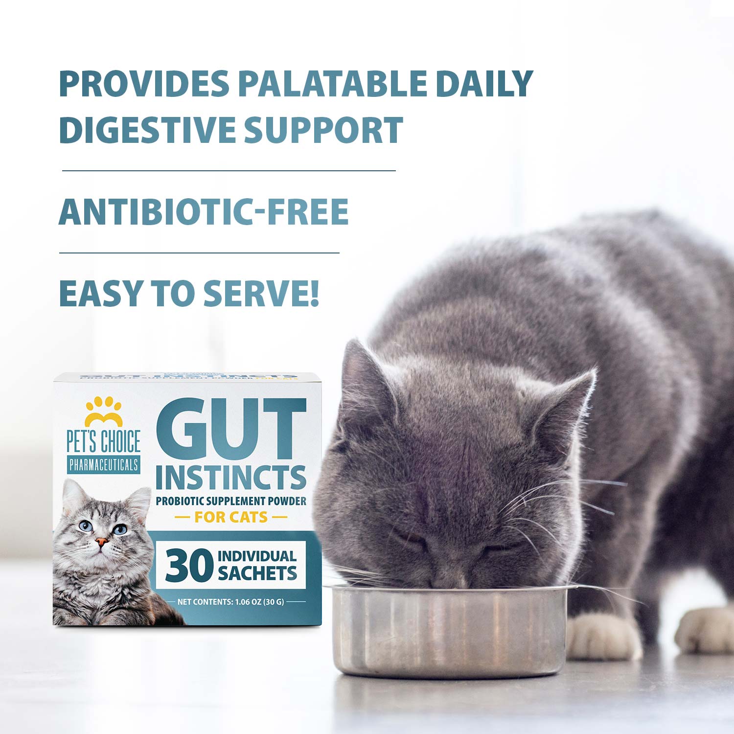Pet’s Choice Gut Instincts Probiotic Supplement for Cats, Digestive & Immune Support, 30 Powder Packets, Made in USA